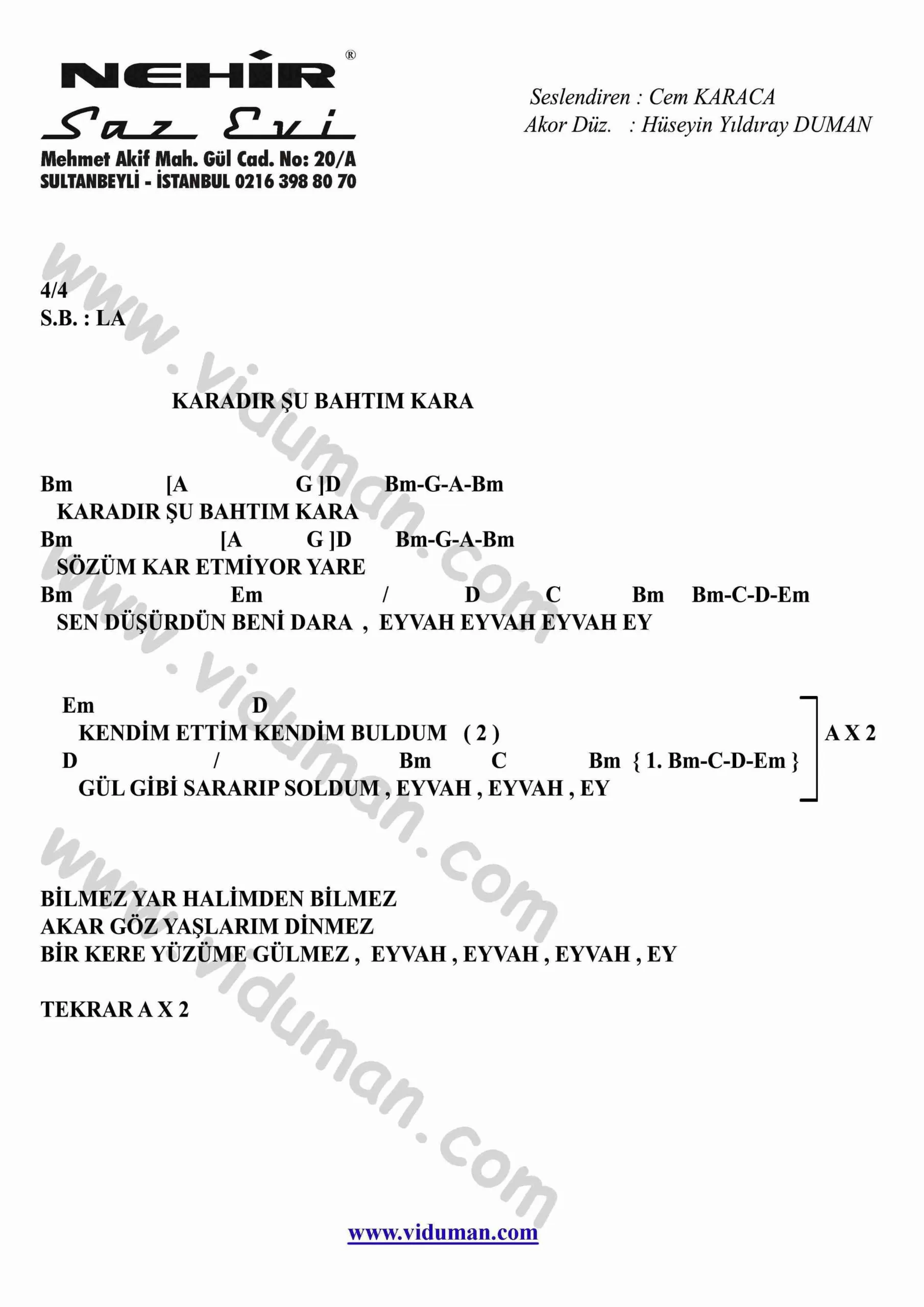 Karadir Su Bahtim Kara-Gitar-Ritim-Akorlari