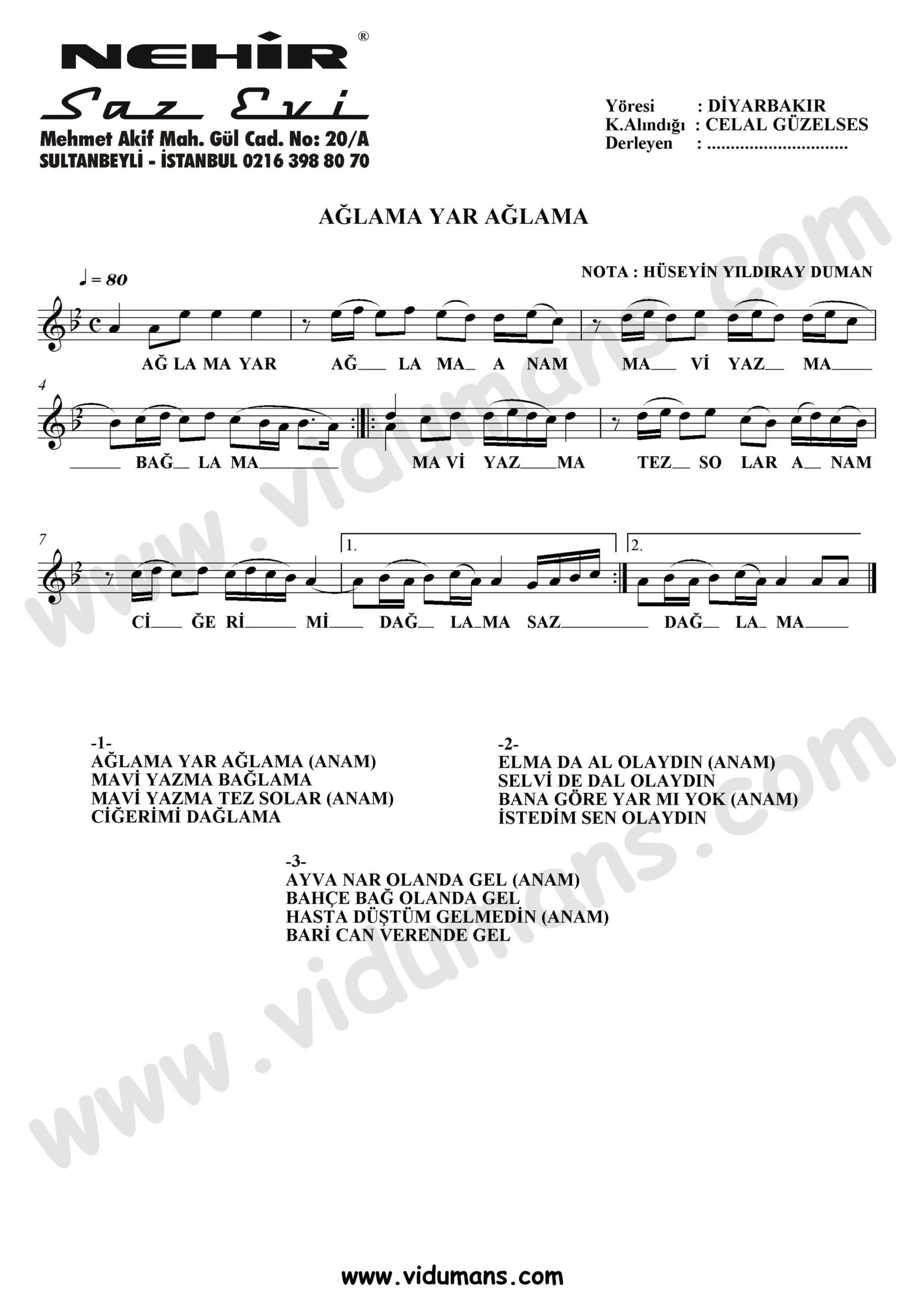 Aglama Yar Aglama-Baglama-Saz-Notalari