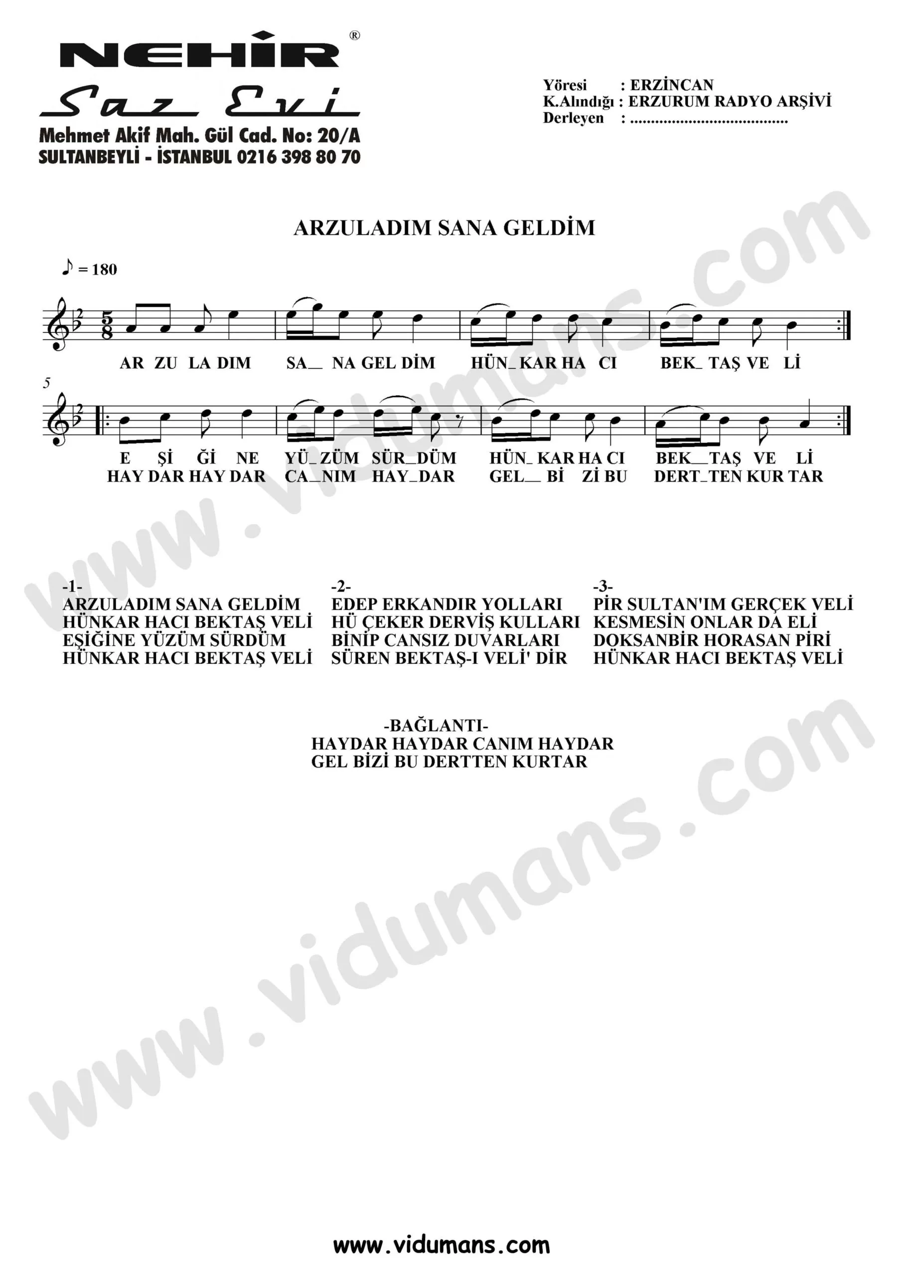 Arzuladim Sana Geldim-Baglama-Saz-Notalari