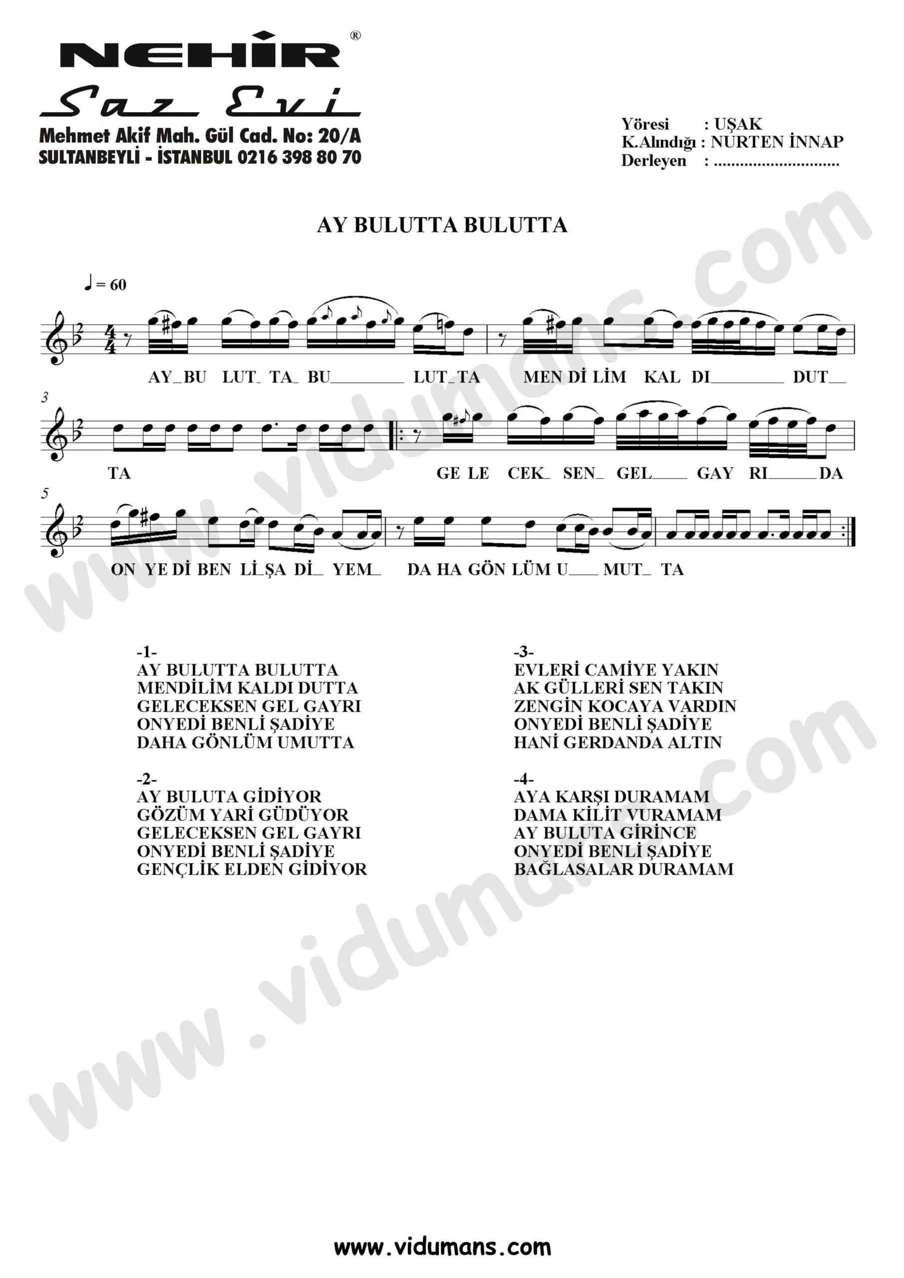 Ay Bulutta Bulutta-Baglama-Saz-Notalari