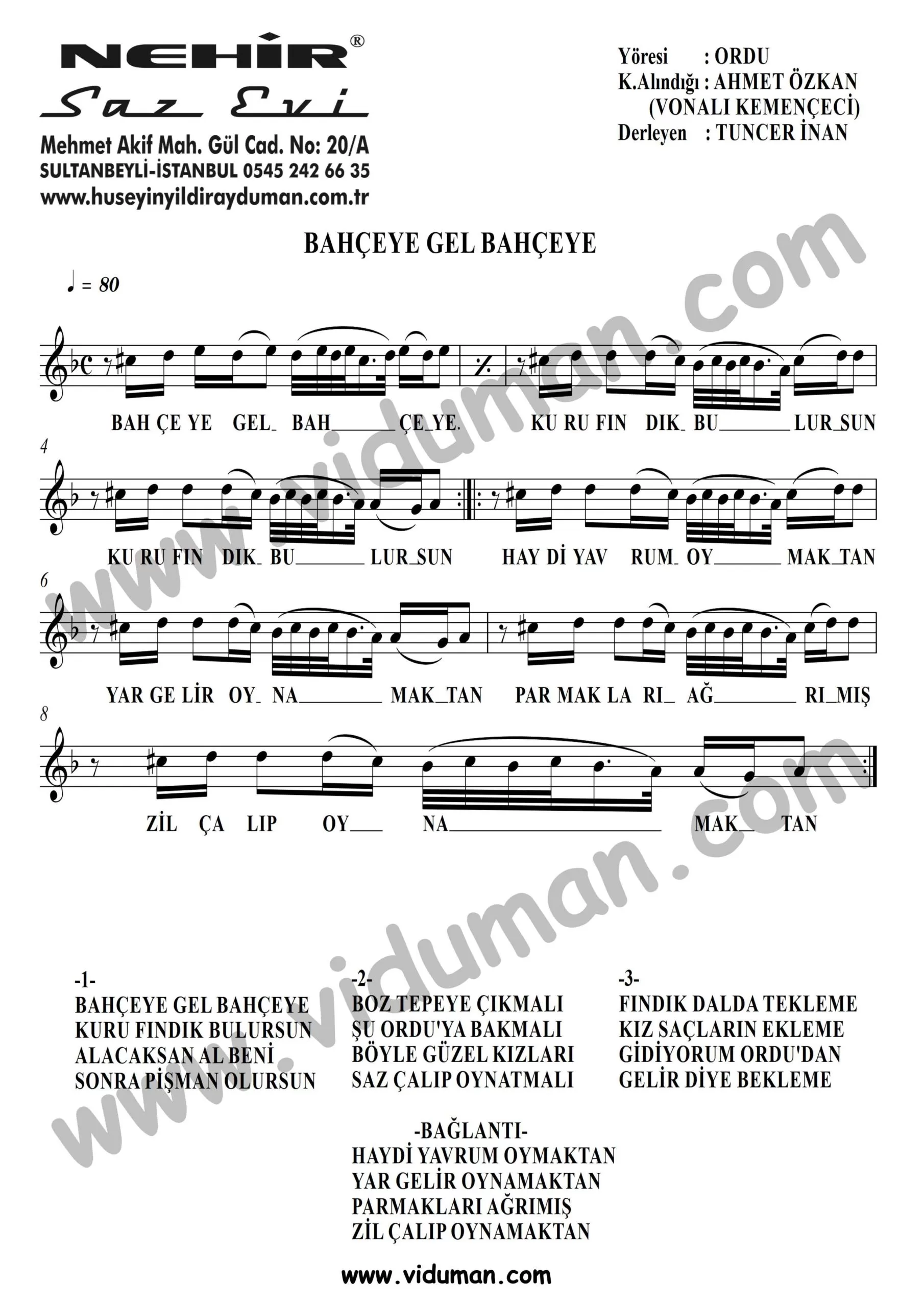 Bahceye Gel Bahceye-Baglama-Saz-Notalari