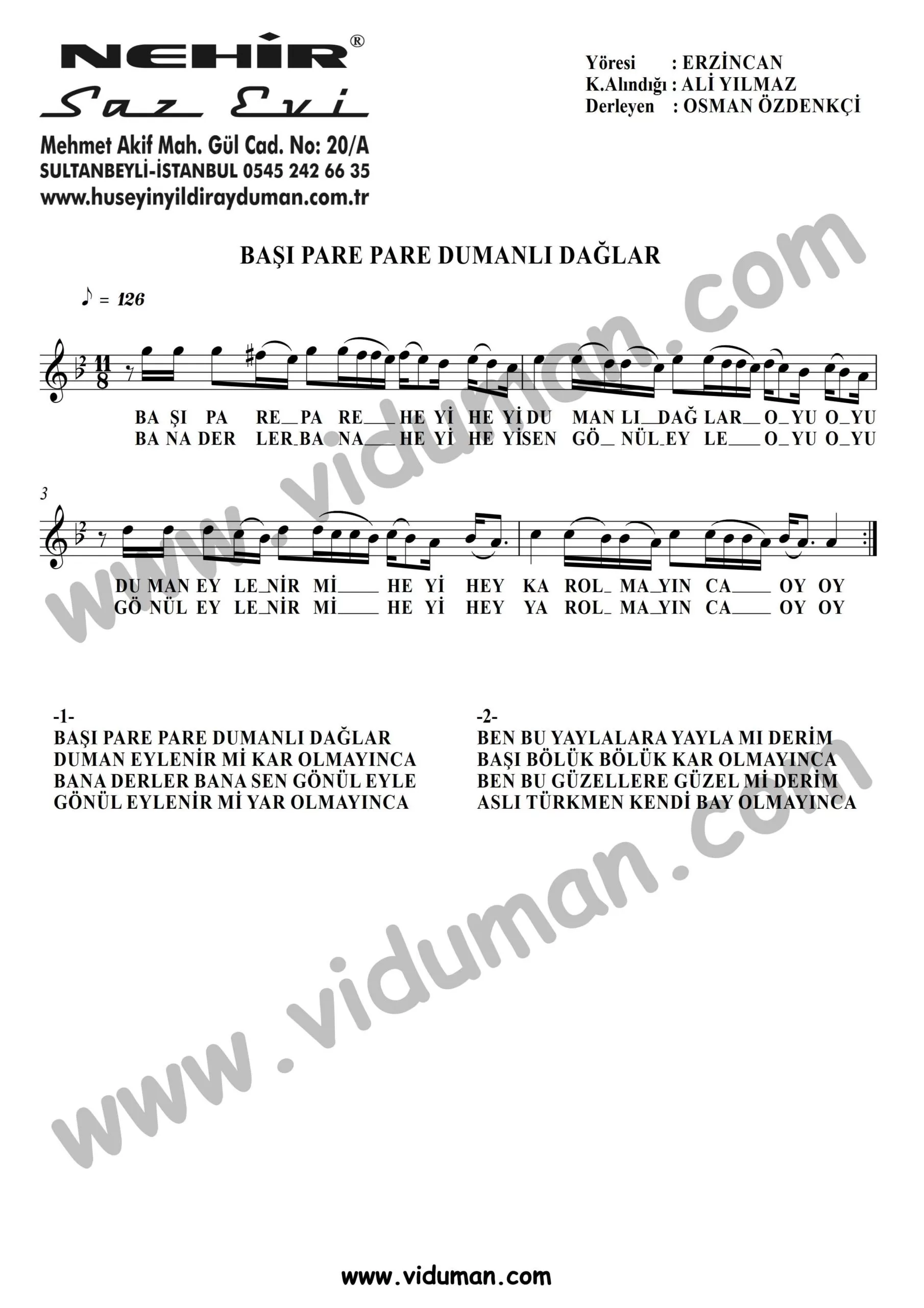 Basi Pare Pare Dumanli Daglar-Baglama-Saz-Notalari