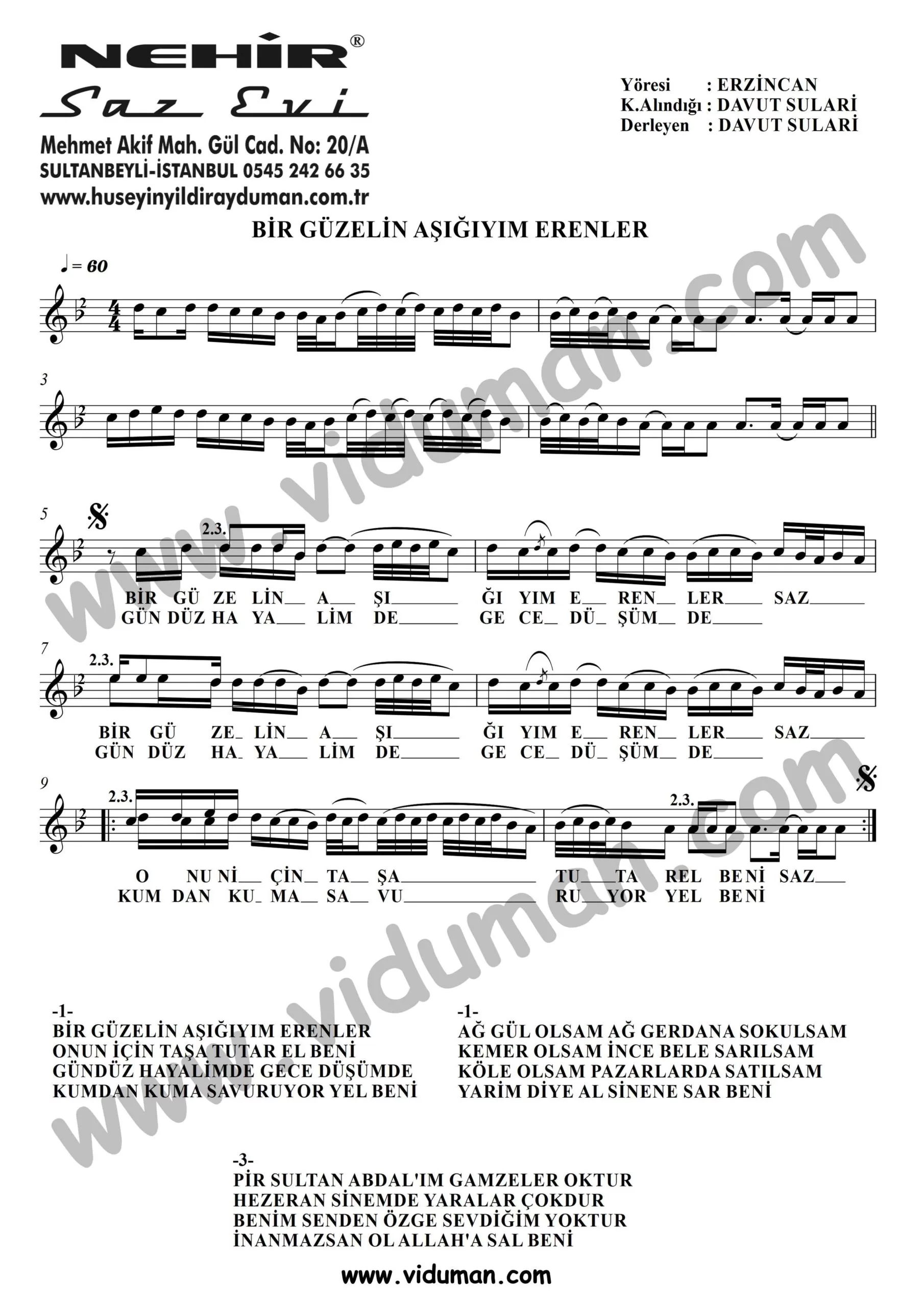 Bir Guzelin Asigiyim Erenler-Baglama-Saz-Notalari