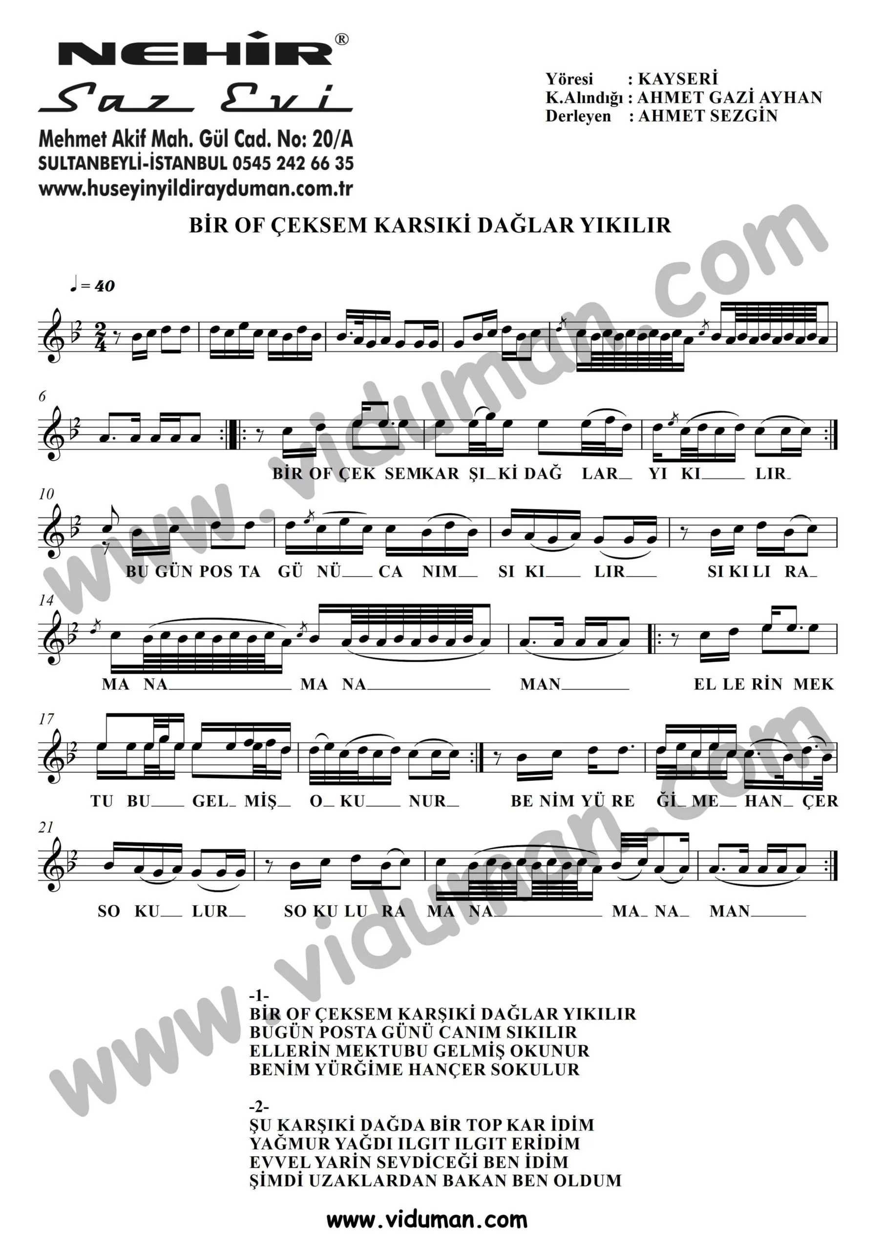 Bir Of Ceksem Karsiki Daglar Yikilir-Baglama-Saz-Notalari