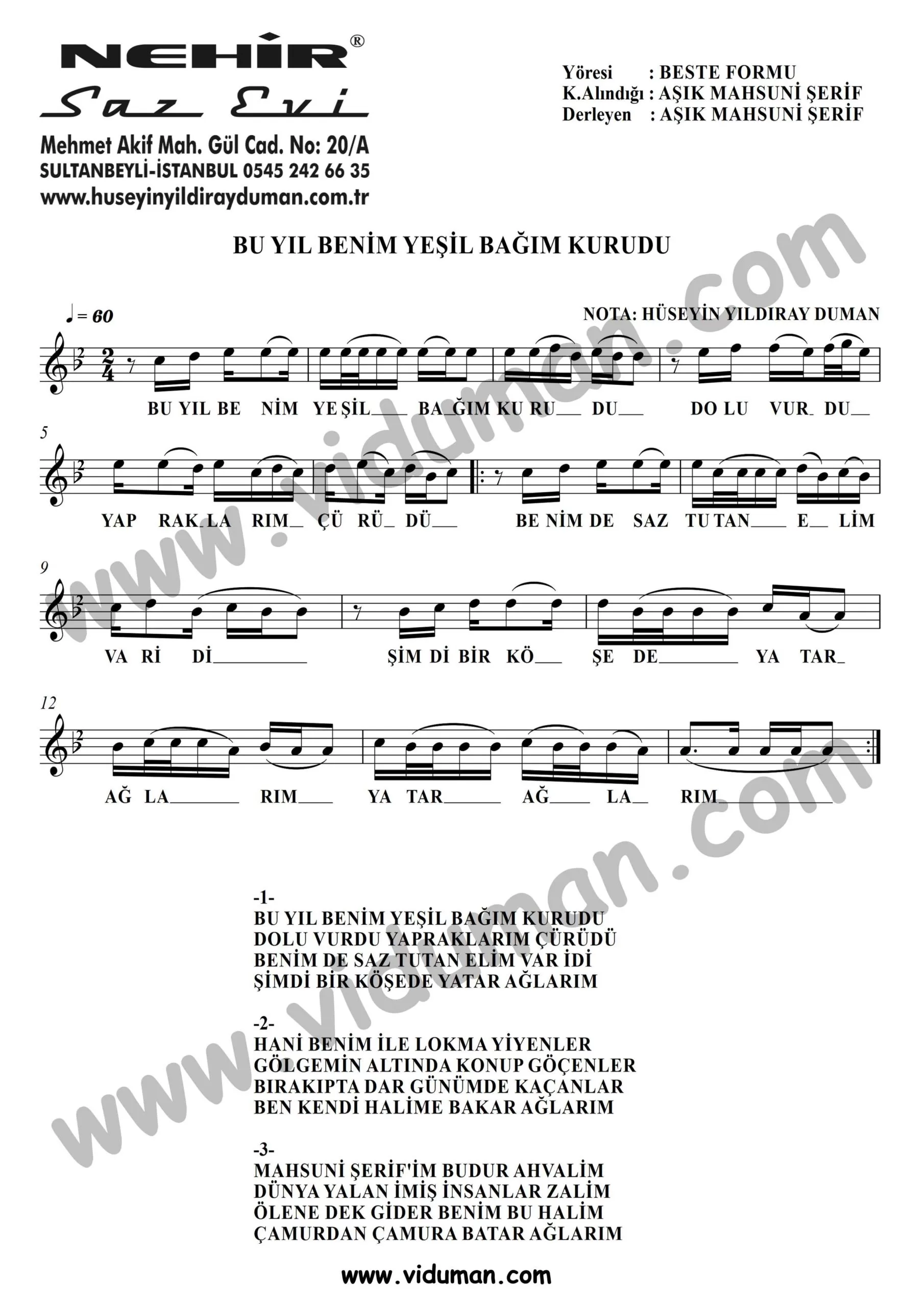 Bu Yil Benim Yesil Bagim Kurudu-Baglama-Saz-Notalari