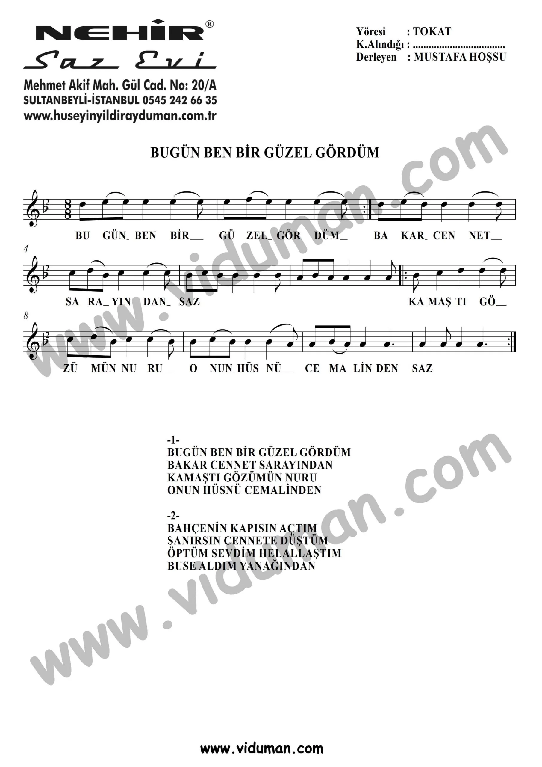 Bugun Ben Bir Guzel Gordum-Baglama-Saz-Notalari