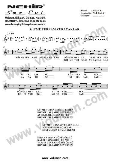 Gitme Turnam – Bağlama-Saz Türkü Notaları – Hüseyin Yıldıray Duman