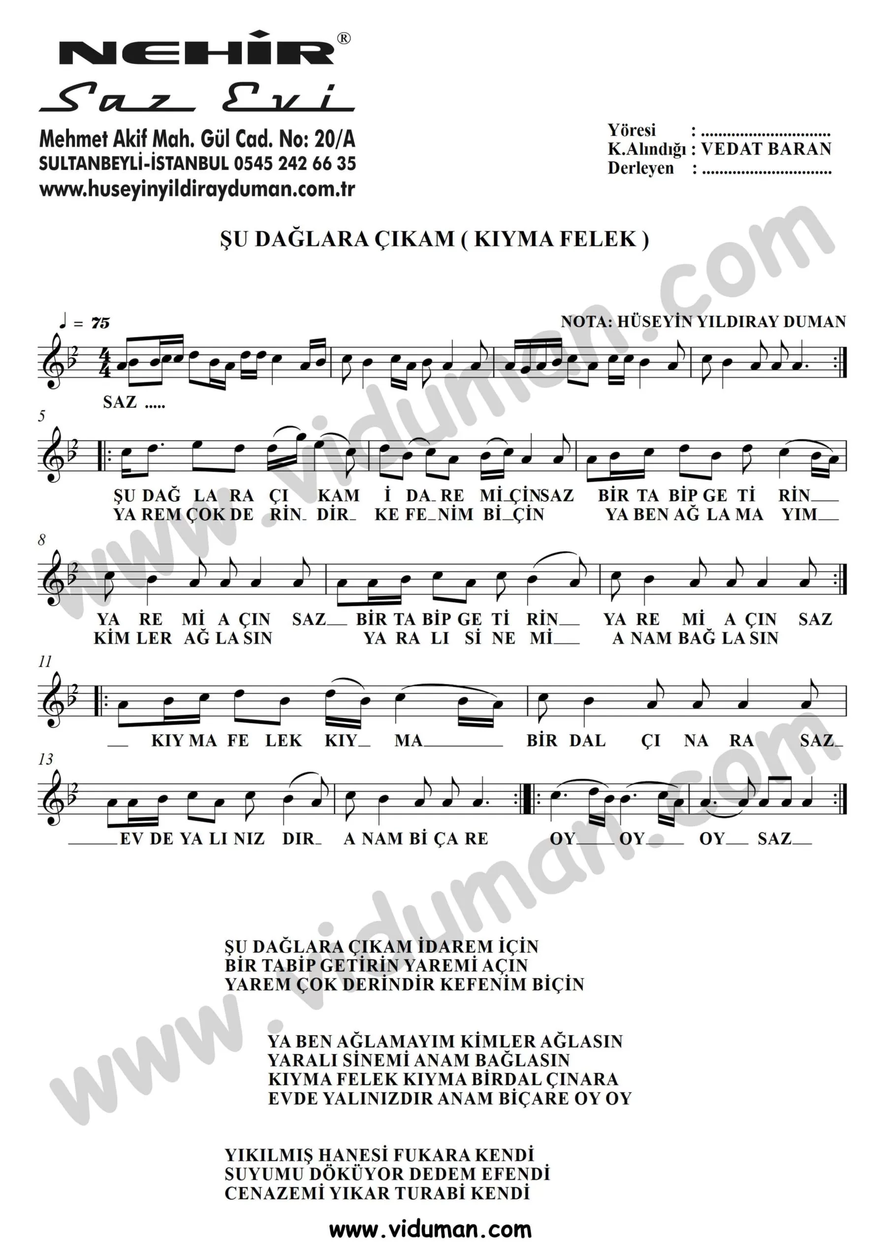 Su Daglara Cikam Kiyma Felek-Baglama-Saz-Turku-Notalari