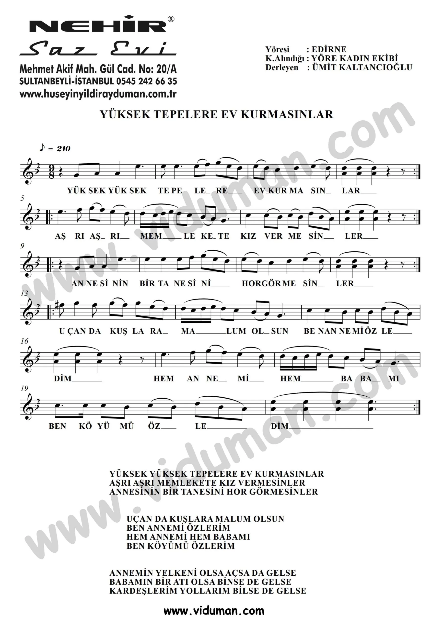 Yuksek Tepelere Ev Kurmasinlar-Baglama-Saz-Turku-Notalari