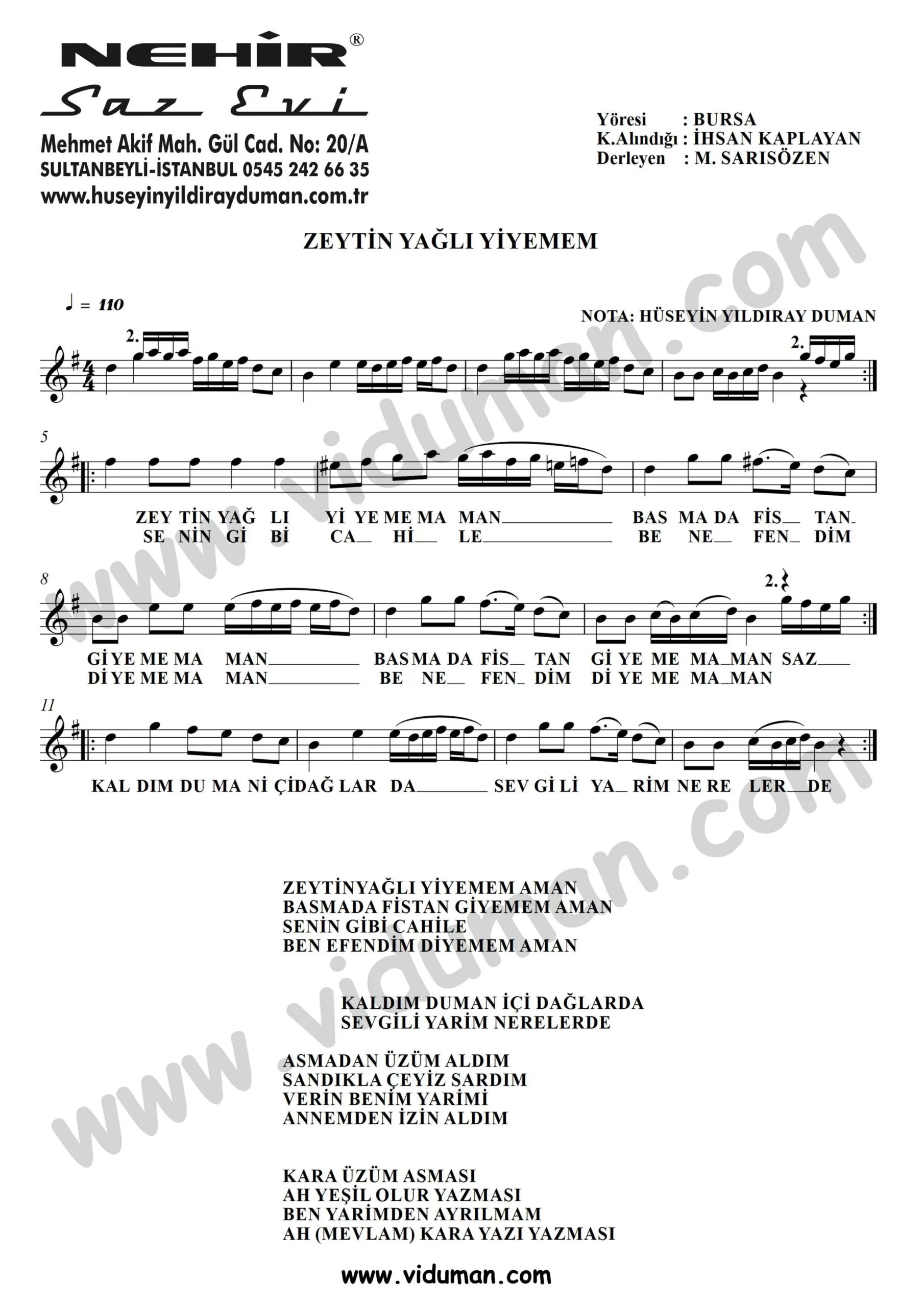 Zeytin Yagli Yiyemem-Baglama-Saz-Turku-Notalari