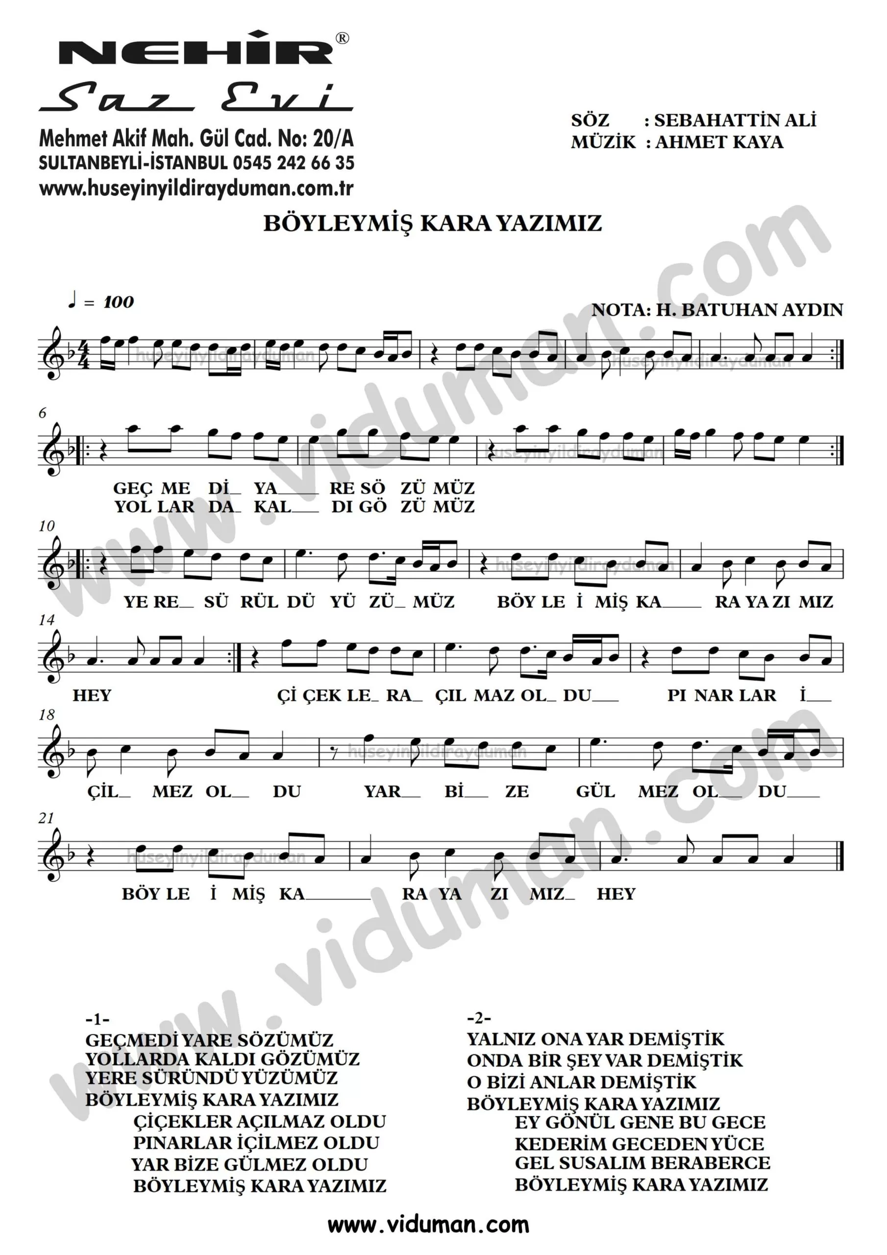 Boyleymis Kara Yazimiz-Ahmet Kaya-Baglama-Saz-Turku-Notalari