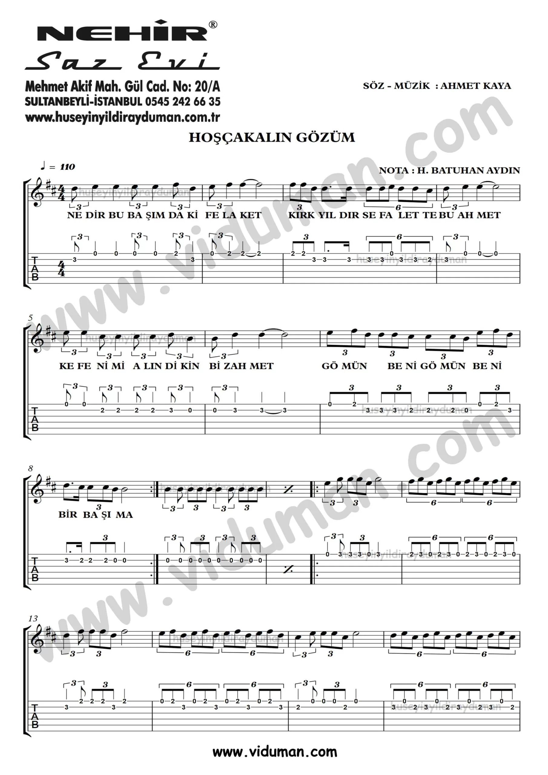 Hoscakalin Gozum_1-Ahmet Kaya-Gitar Tab-Solo Notalari