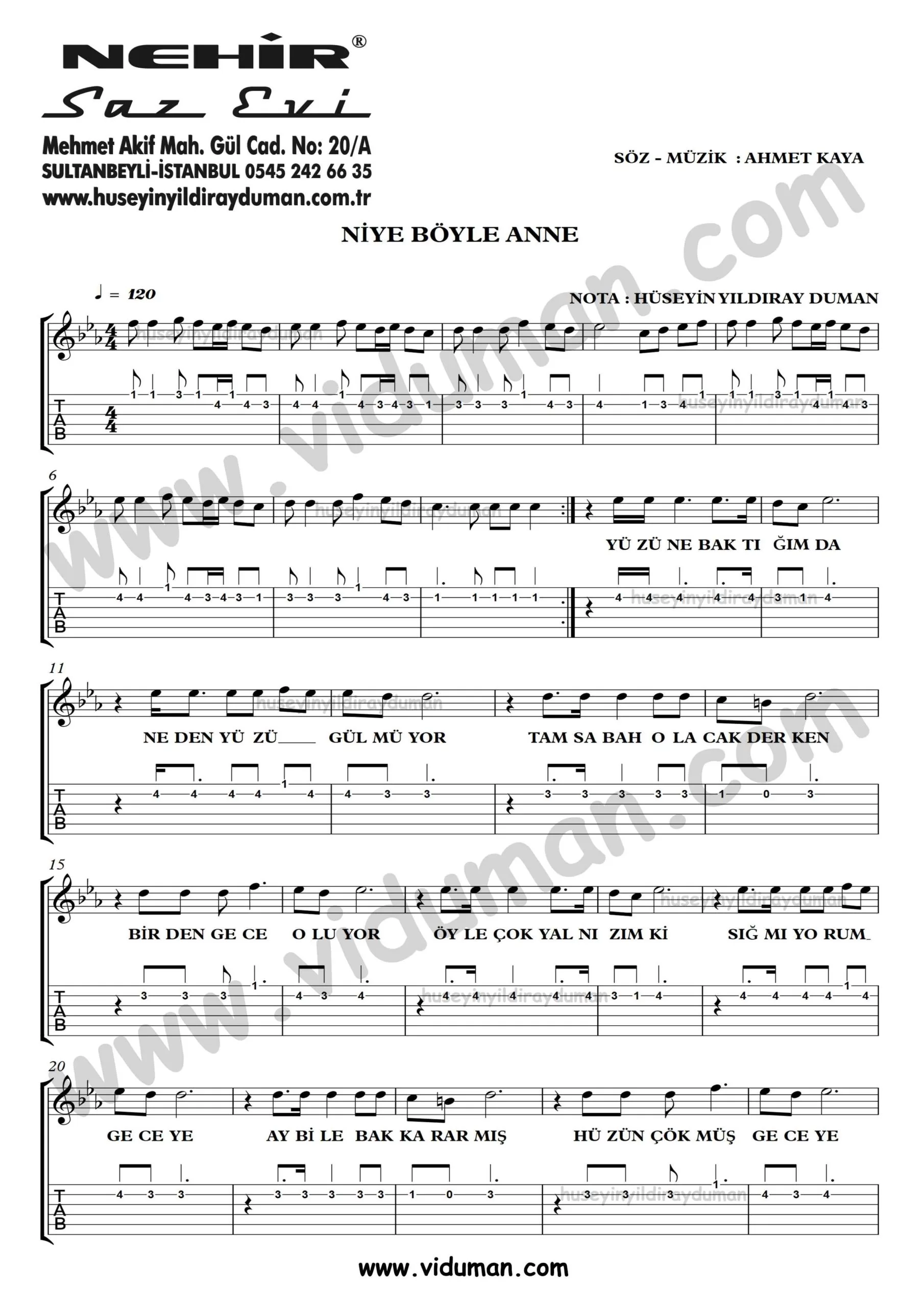 Niye Boyle Anne_1-Ahmet Kaya-Gitar Tab-Solo Notalari