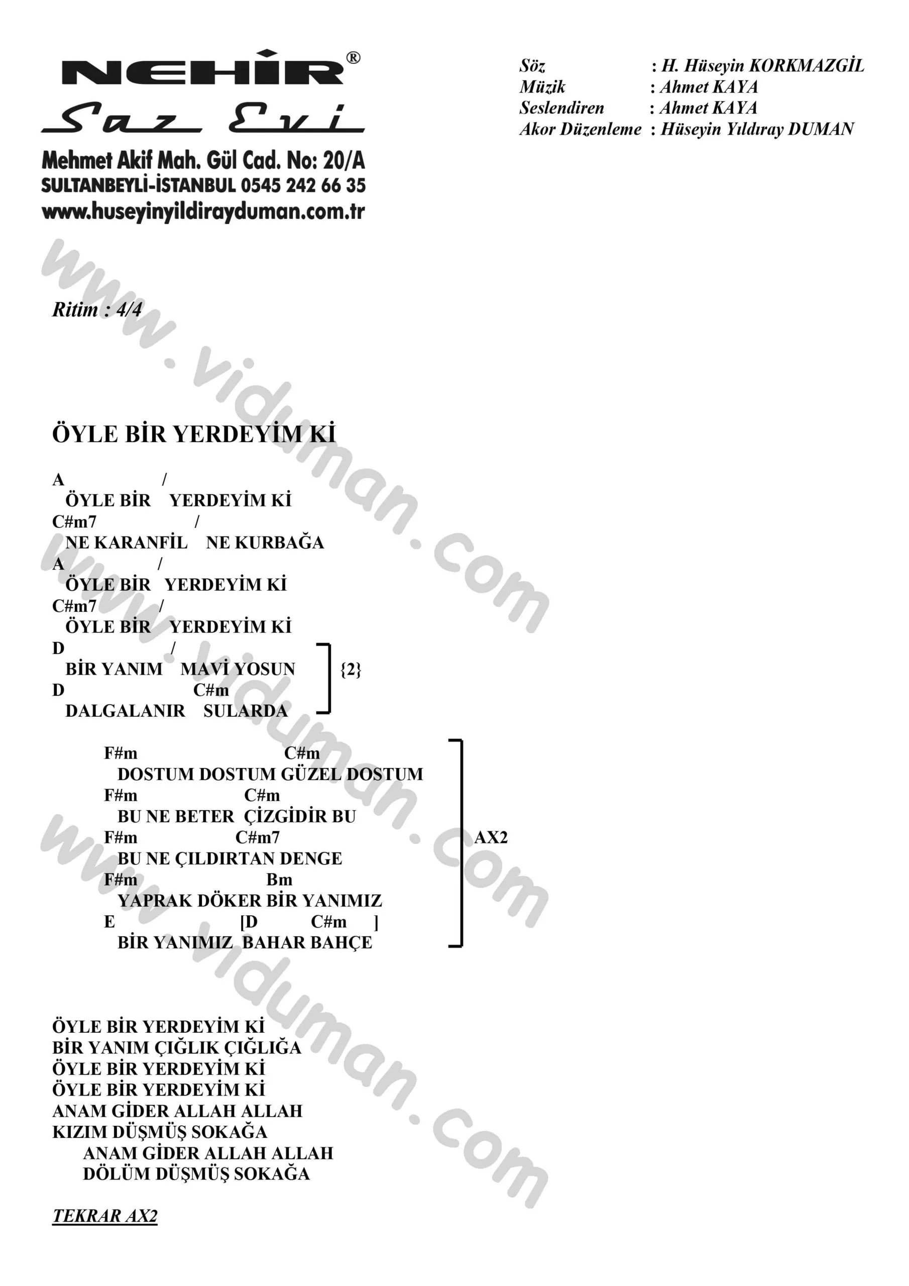 Oyle Bir Yerdeyim Ki-Ahmet Kaya-Ritim-Gitar-Akorlari