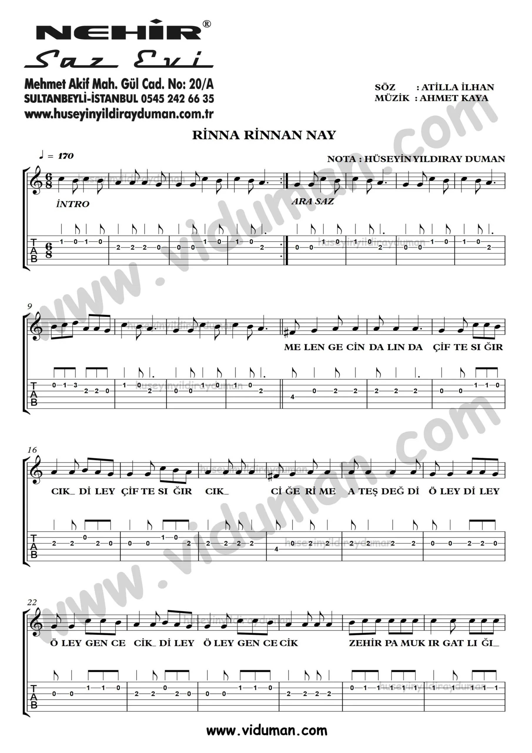 Rinna Rinnan Nay_1-Ahmet Kaya-Gitar Tab-Solo Notalari