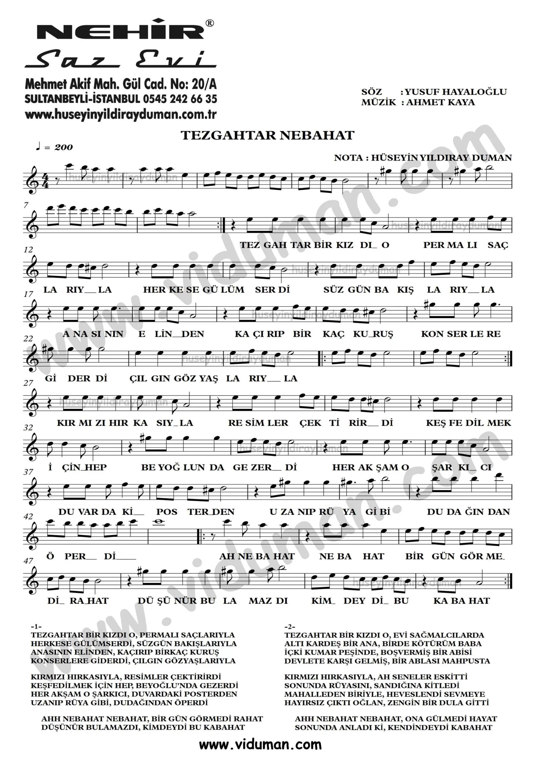 Tezgahtar Nebahat-Ahmet Kaya-Baglama-Saz-Turku-Notalari